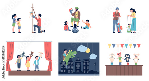 Puppet theater. Kids watch puppets show, outdoor seasonal entertainment for children. Artists with marionettes and dolls of hands, recent vector scenes