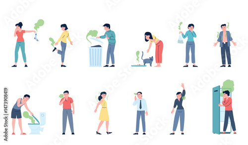 Stinky smell. Bad smells from person body, dirty clothes and socks, waste container, pets and toilette. People suffering and cover noses, recent vector characters