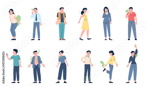 Bad smell people. Stinky smells from persons, bad breath, odor from armpits, character farts and fouls air. Increased sweating, recent vector set