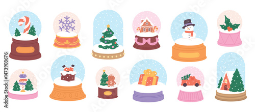 Christmas snow globes. New year globe glass with xmas tree, snowy landscapes. Winter holidays decorations with gingerbread, snowman, racy vector clipart