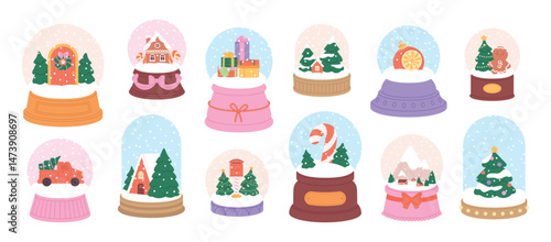 Cartoon snow globe. Christmas glass globes with present boxes, car, xmas tree, santa mail box. Winter holiday home decorations, racy vector clipart