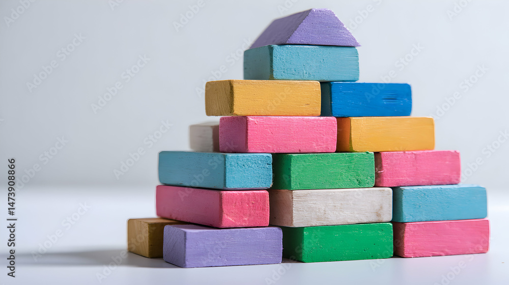 Obraz premium Colorful blocks stack pyramid on table background object play