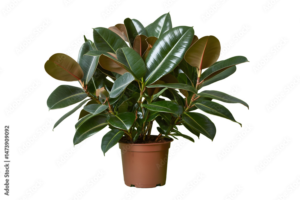 Fototapeta premium Lush, green potted plant with broad, dark leaves, exhibiting a healthy and vibrant growth pattern