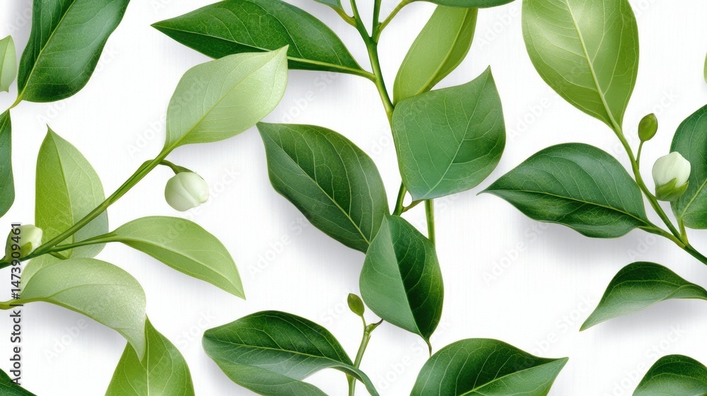 Fototapeta premium Seamless pattern of green leaves and wax flowers on white, fresh botanical wallpaper