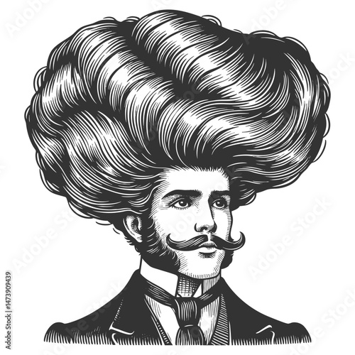 gentleman with an incredibly large, curly hairstyle, blending humor, surrealism, and vintage artistic style sketch engraving generative ai vector illustration. Scratch board. Black and white image.