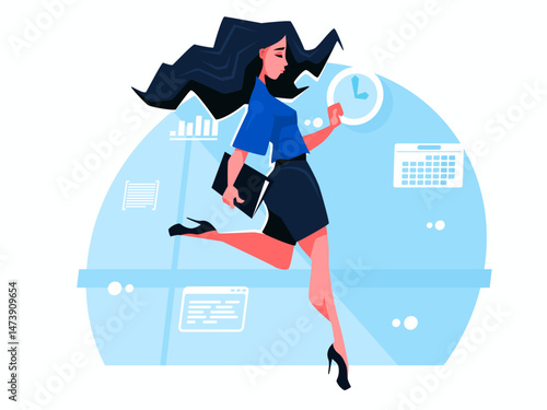 Running business woman. Office Worker Late at Work. Girl running with folder in hand. Businesswoman Haste on Meeting. Cartoon Vector Illustration