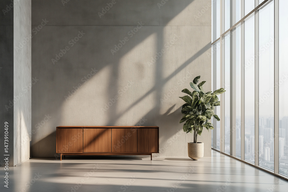 Fototapeta premium A large white wall in the living room of an apartment with wooden furniture