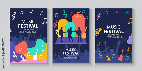 Music festival card, banner template. Event poster set for social media, tomorrowland, glastonbury, advertisement, billboard, ads. Music fest flyer promotion design. Rock, jazz, pop, dj. Event.