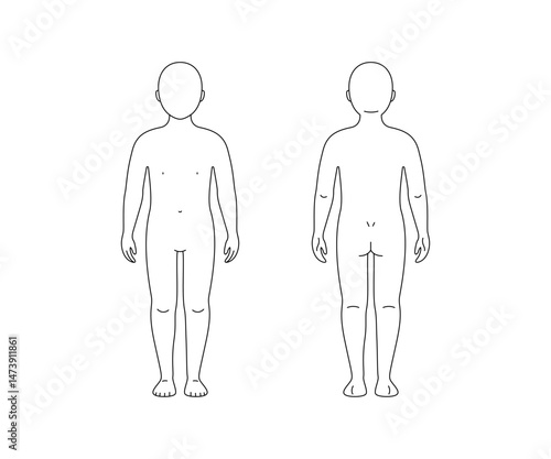 Body child line silhouette front and back view. Blank unisex children body template. Vector