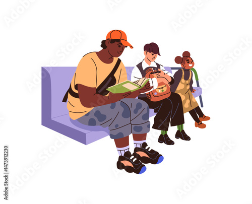 Diverse children with backpacks sit on bench and wait public transport on bus stop. Happy kids are on chairs, seats reading books, using phone. Flat isolated vector illustration on white background