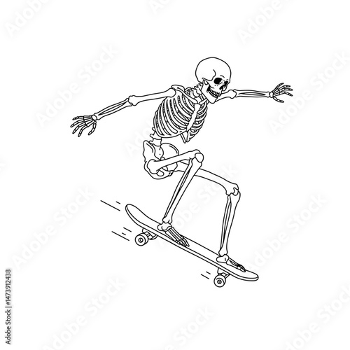 Skeleton skateboarding in motion against a white background  