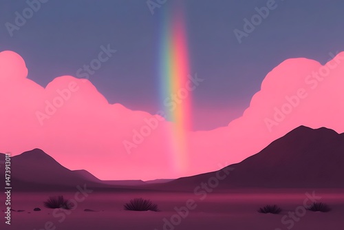 Pink Desert Landscape with Vibrant Rainbow at Sunset A Stunning Digital Art Illustration