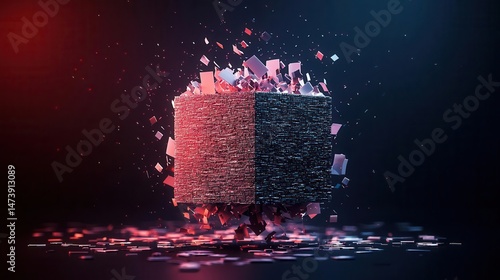 Isolated floating cube filled with cluttered files and blinking red lights, tension symbol
