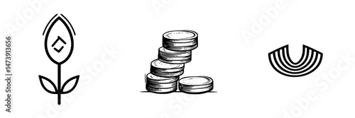 Vector icon collection showcasing a flower, stacked coins, and a rainbow symbolizing growth, wealth, and positivity in graphic design