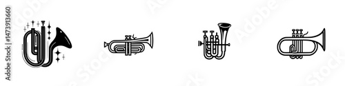 Variety of vintage brass musical instruments designed as vector icons in a minimalist style