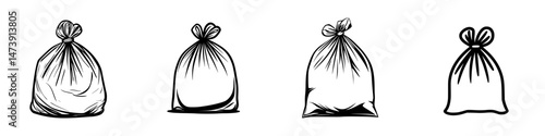 Vector illustration of four distinct garbage bags in various shapes and sizes ready for disposal in an urban environment