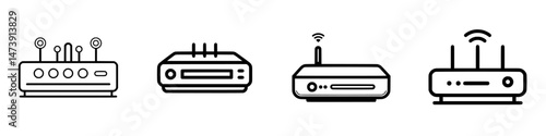 Vector illustration of four diverse router designs showcasing connectivity and technology in a digital landscape