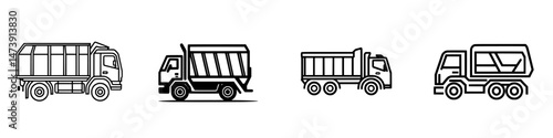 Collection of vector illustrations featuring different types of waste collection and dump trucks for transportation and disposal