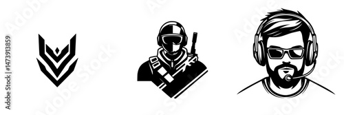 Vector illustration icons of gaming characters and symbols representing action and strategy