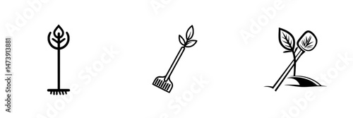 Gardening icons featuring planting tools and seedlings in a minimalist vector design for eco-friendly activities