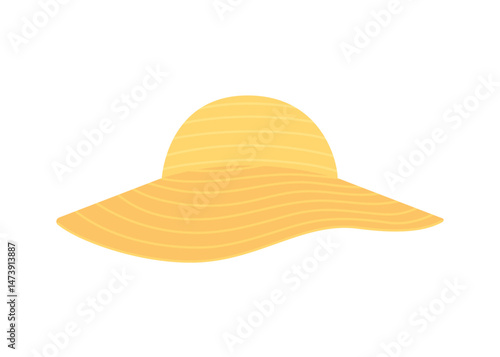 Straw sun hat. Summer woman head accessory, headwear. Vector flat illustration