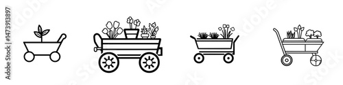 Gardening tools with plant carts ready for planting flowers and vegetables in the backyard garden