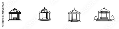 Vector illustration of four distinct architectural gazebo designs suitable for parks and gardens
