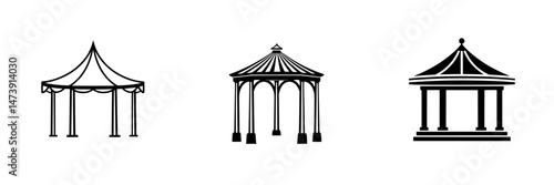 Stylish vector illustration of various gazebo designs suitable for outdoor events and gatherings in scenic locations