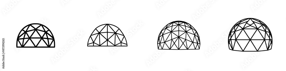 Vector illustration icons of geodesic dome structures in various stages of complexity on a white background