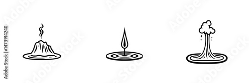 Vector illustration of a volcano, water droplet, and geyser showcasing natural phenomena and elements of geology