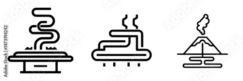 Vector illustration icon of steam rising from a hot spring, a pipe releasing vapor, and a volcano emitting smoke