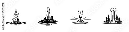 Vector illustration of volcanic features depicting eruptions, lava, and geothermal activity in diverse landscapes