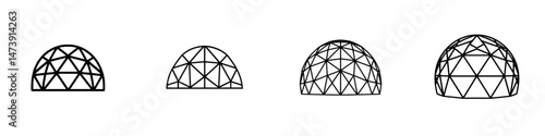 Vector illustration icons of geodesic dome structures in various stages of complexity on a white background