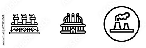 Vector illustration of industrial icons depicting pipes, a factory, and smokestacks in a simplified design suitable for various applications