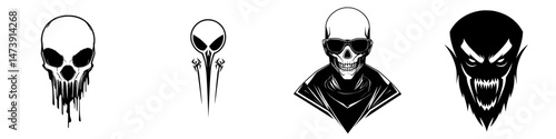 Vector illustration featuring various skull designs with distinct styles and expressions for graphic use