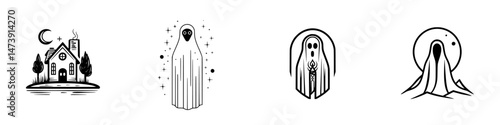 Ghost-themed vector icons depicting various spooky elements associated with Halloween and the supernatural