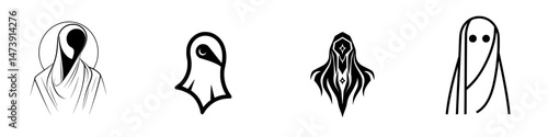 Vector illustration featuring four unique cloaked figures in a minimalist style, showcasing diverse shapes and designs