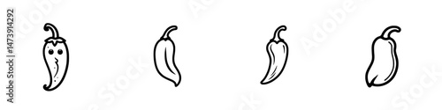 Various chili pepper icons in simple vector illustration style showcasing different shapes and sizes against a minimalist background