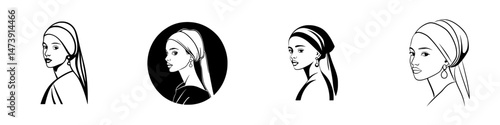 Vector illustration icon featuring a profile view of a woman with a headscarf, showcasing artistic variations and styles