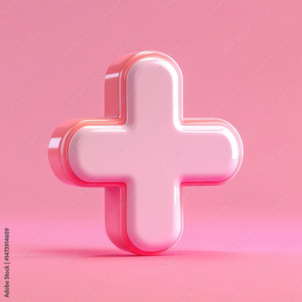 Fototapeta premium 3D rendered plus sign on a pink background.