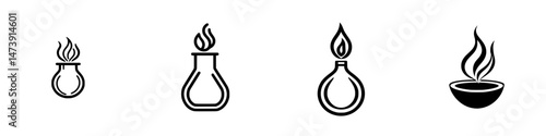 Vector illustration of various flame icons depicting different types of fire sources including lamps, candles, and oil burners