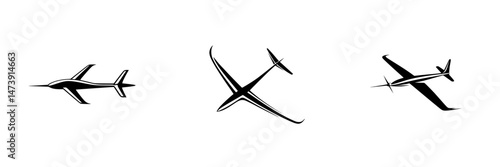 Vector illustration of three distinct aircraft designs showcasing various shapes and silhouettes in monochrome style