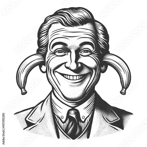 cheerful man in a suit with bananas inserted into his ears, symbolizing absurdity or humor sketch engraving generative ai vector illustration. Scratch board imitation. Black and white image.