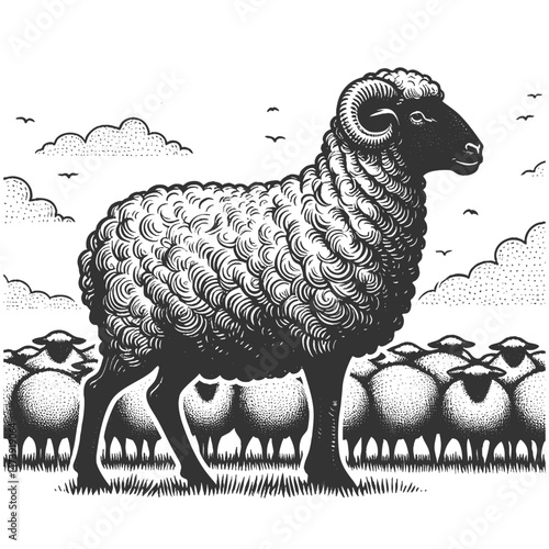 single black sheep among white sheep, symbolizing the black sheep metaphor for exclusion and individuality sketch engraving generative ai vector illustration. Scratch board. Black and white image.