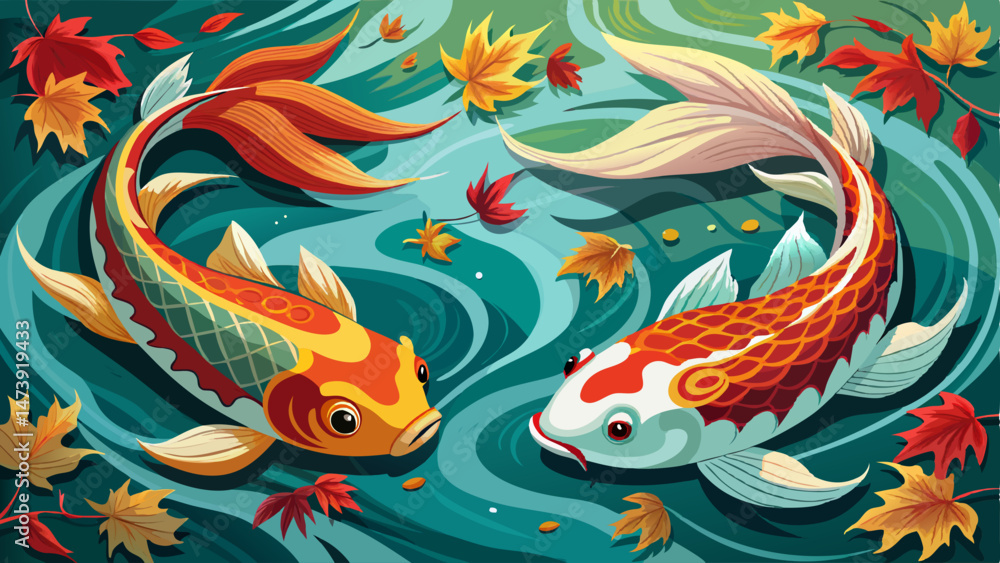 Obraz premium portrait Closeup Two Koi Fish Swimming in Water with Autumn Leaves Very beautiful