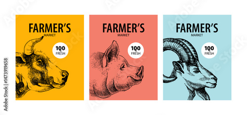 Hand drawn sketch farm products banners. Vector vintage illustration set