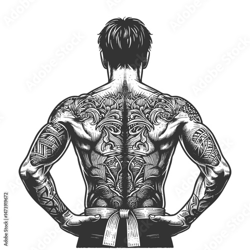 Yakuza-style warrior from behind, featuring elaborate Japanese tattoo art across his muscular back and arms sketch engraving generative ai vector illustration. Scratch board. Black and white image.