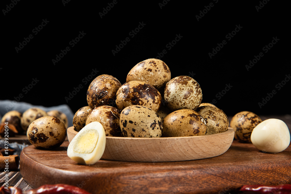 delicious quail eggs snack on wooden table.