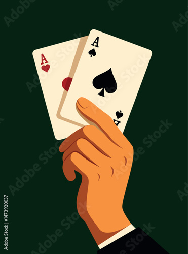 Vector flat illustration of hand holding two playing cards - ace of spades and ace of hearts. Minimalist casino scene symbolizing power, luck and winning hand in elegant style. For casino projects