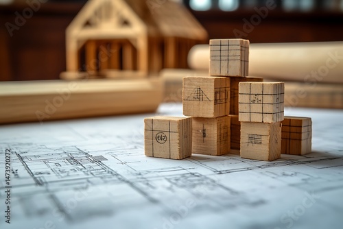 Stack of small building blocks on architectural blueprints, construction planning and design concept